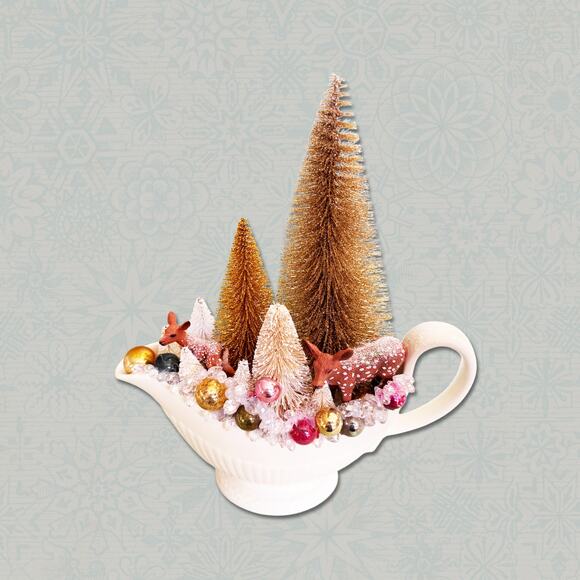 Wintery Forest with Grazing Deer Christmas Assemblage in China Gravy Boat - Picture 2 of 5
